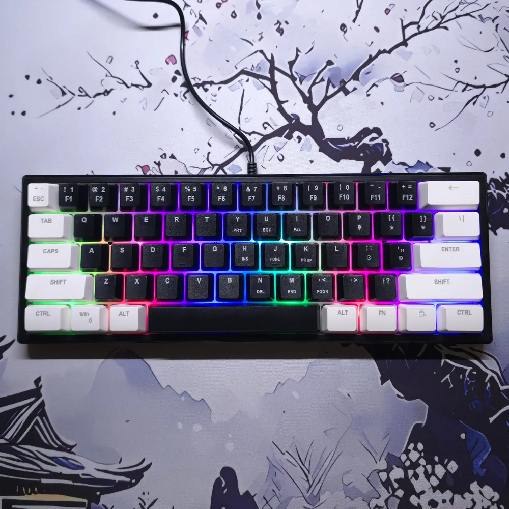 1_result Wired Gaming Keyboard – 60% Compact Layout, Rainbow LED Backlight, USB Plug & Play (Black & White) - Image 1